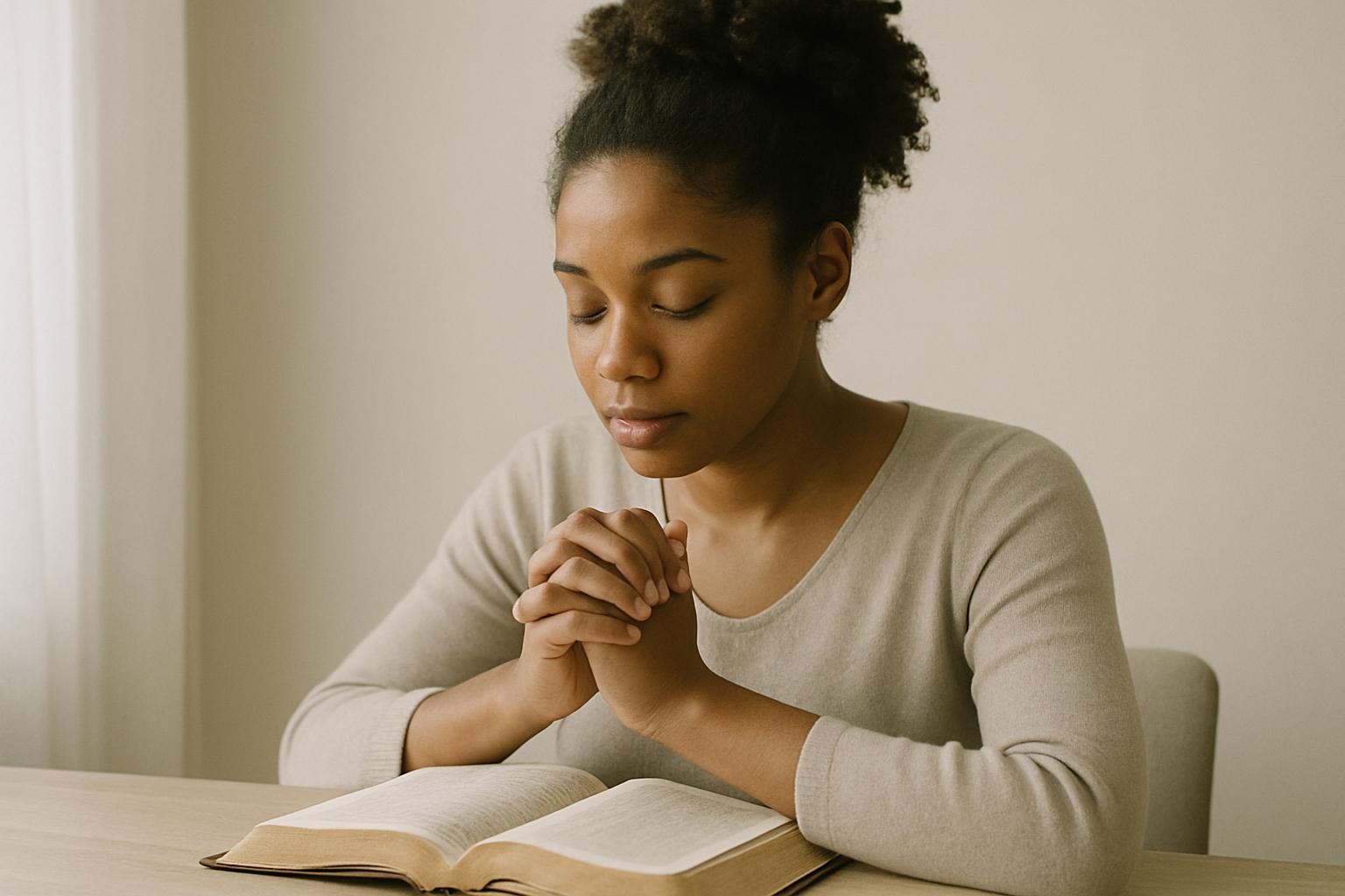 A woman with her hands clasped, seated at a table reading a book.