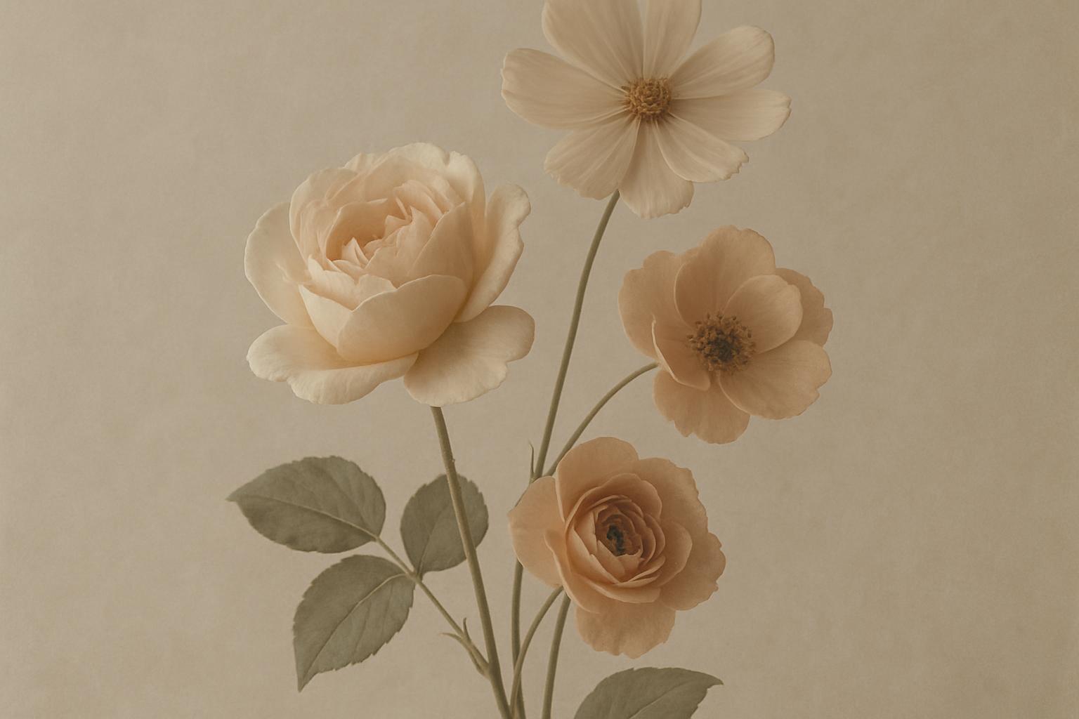 A vintage photo of a stunning bouquet featuring three different flowers. The flowers are arranged on long stems lined with...