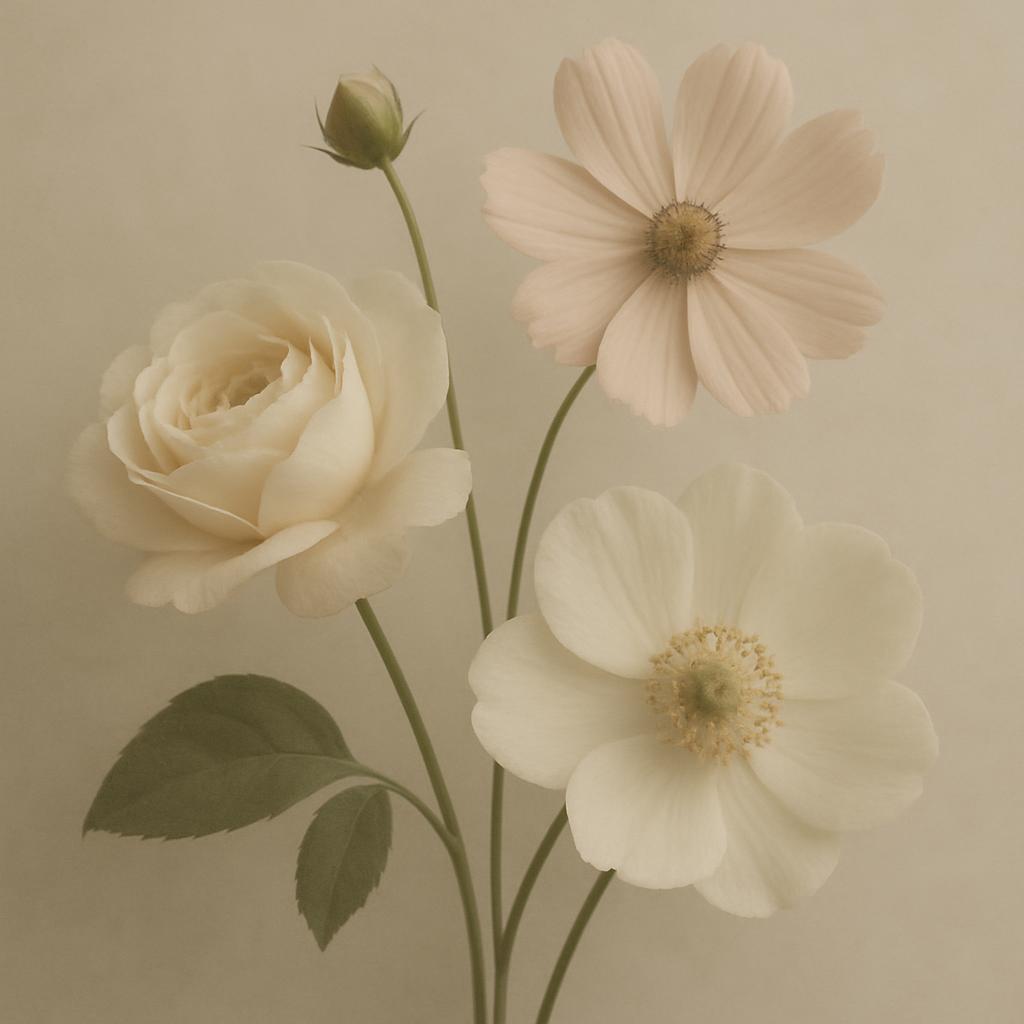 A sepia-toned closeup of three identically styled flowers, including a rose and two decorative species on a green stem wit...