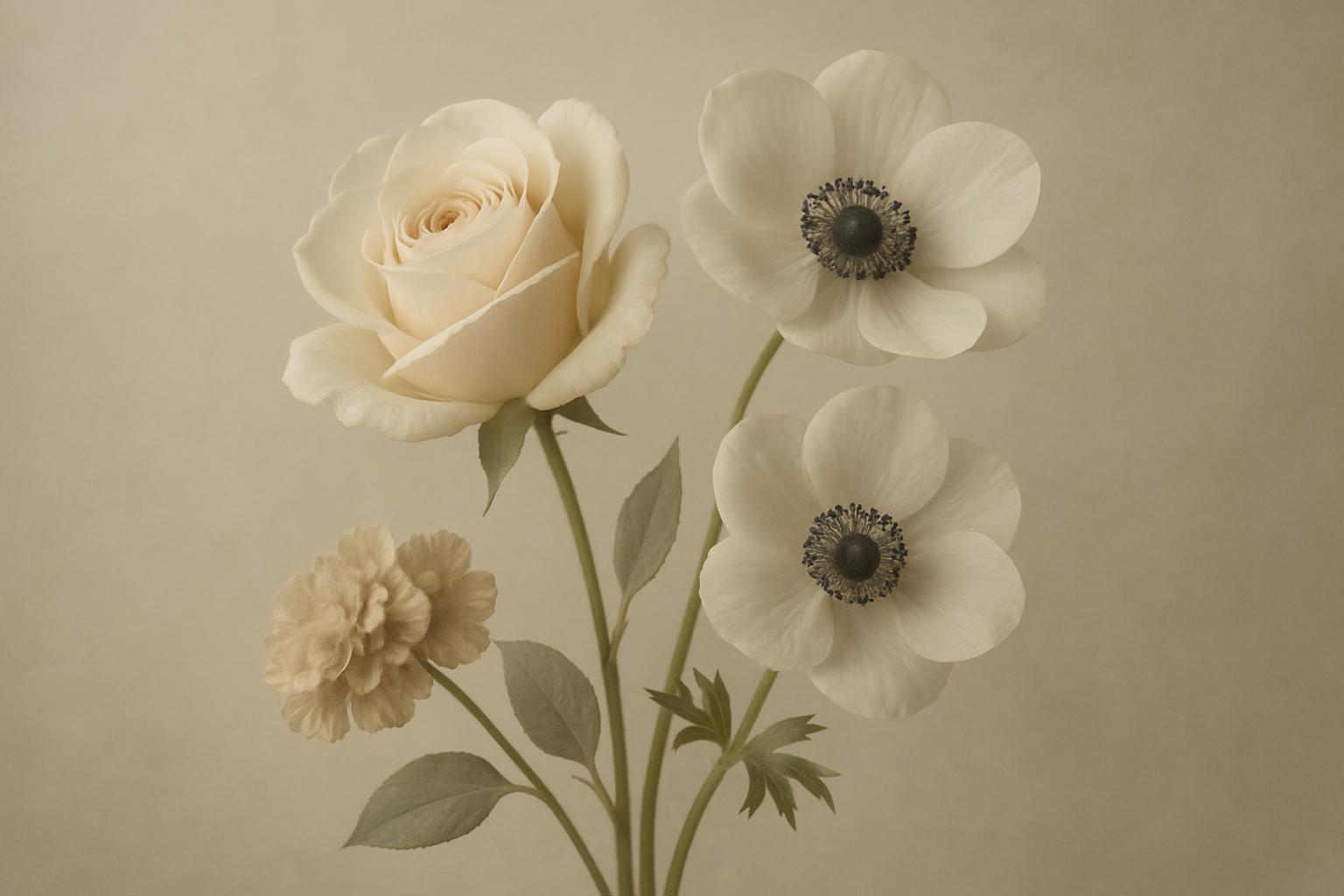 A bouquet of flowers in various shades of beige against a white wall.