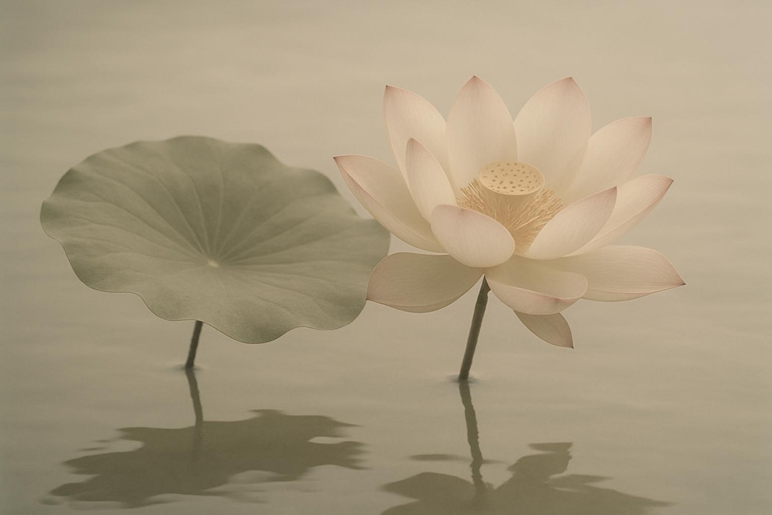 A close-up image of a red lotus flower with a large, green leaf standing in partially regulated water.