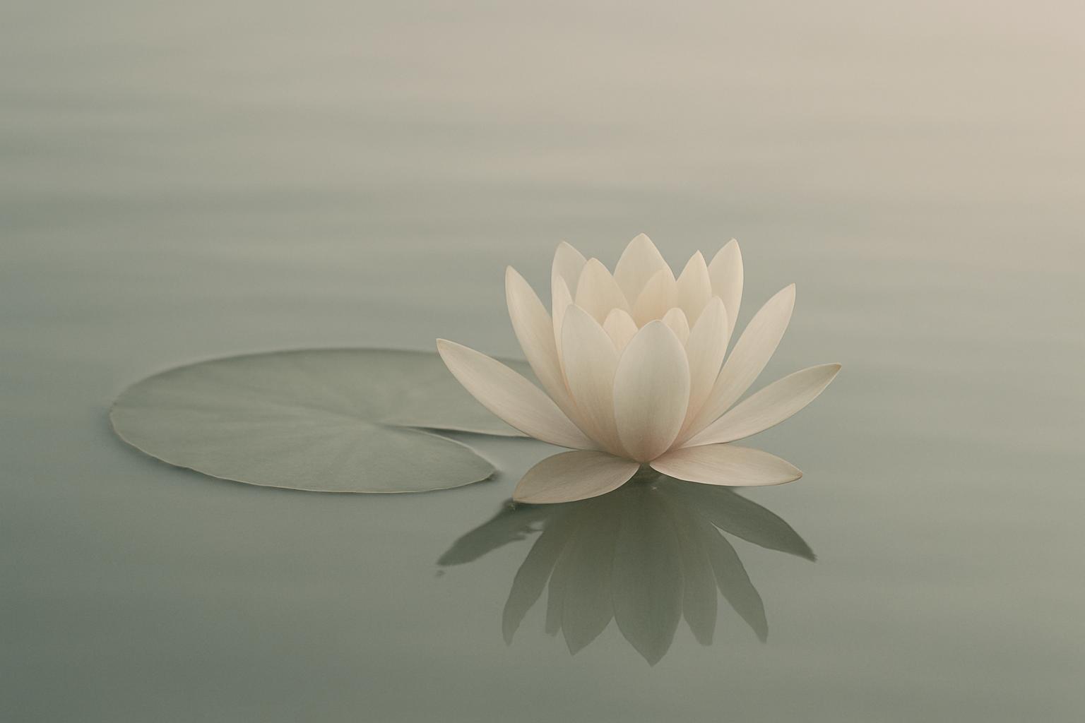 The alt text for the image is: A serene white lotus flower in a body of water, surrounded by its reflection.