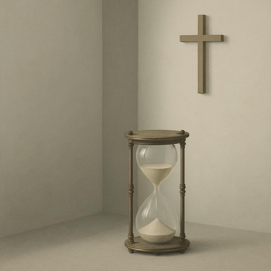 The hourglass alongside a cross, symbolizes time in salvation Biblical terms.